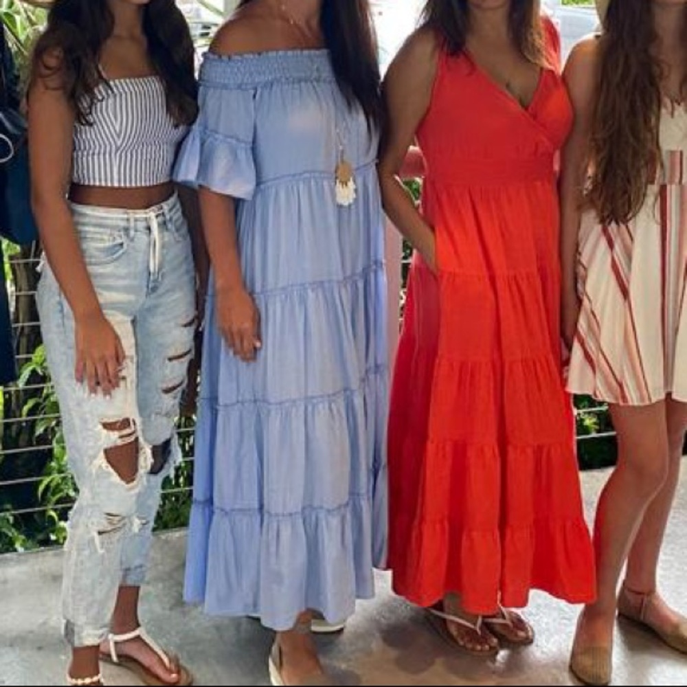 Light blue off the shoulder ankle length dress. Worn once.
